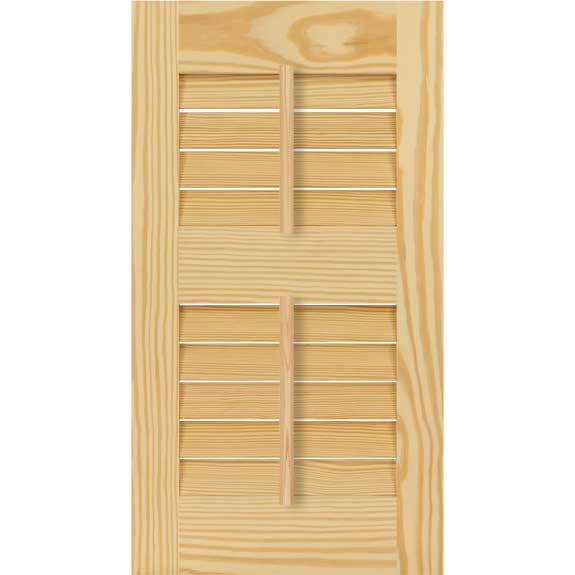 Builder grade wood shutters with louvers and tilt bar.